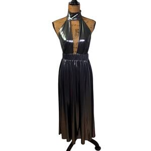 RIVER ISLAND Dress 12 Silver Metallic High Neck Deep Plunge Crisscross Open Back